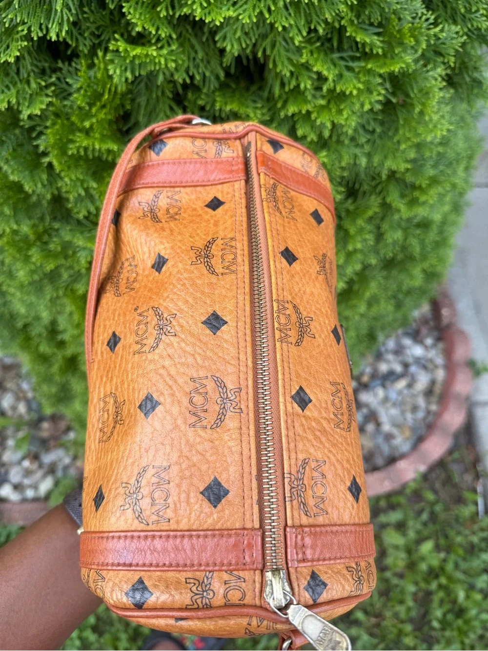 MCM Tan Visetos Barrel Crossbody Bag